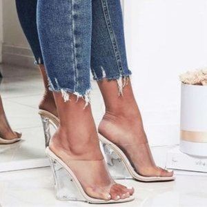 !!NEW!! Transparent Clear & Nude Peep Toe Wedges